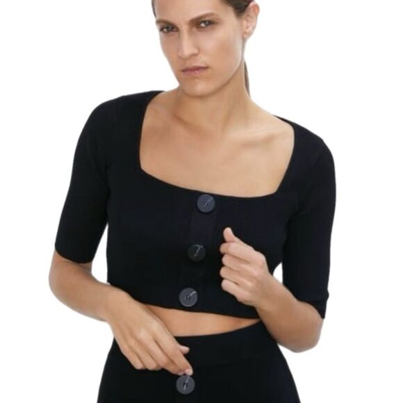 ZARA CROP TOP WOMEN’S MEDIUM BLACK RIBBED KNIT SQUARE NECK. - Picture 1 of 12